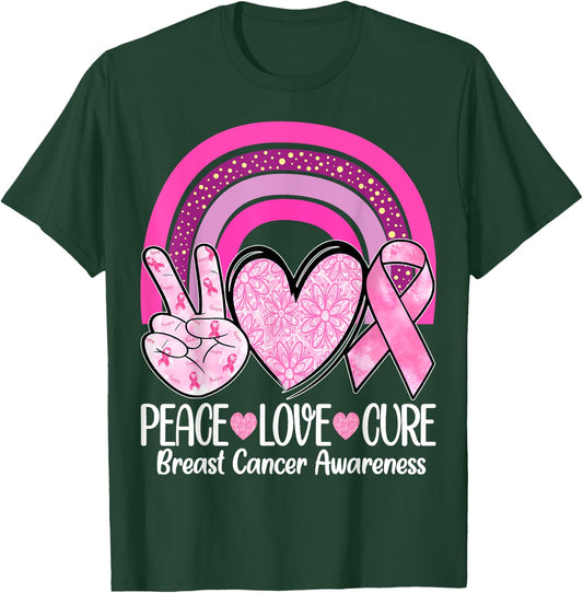 Rainbow Peace Love Cure Pink Ribbon Breast Cancer Awareness T-Shirt - T-Shirt | Forest