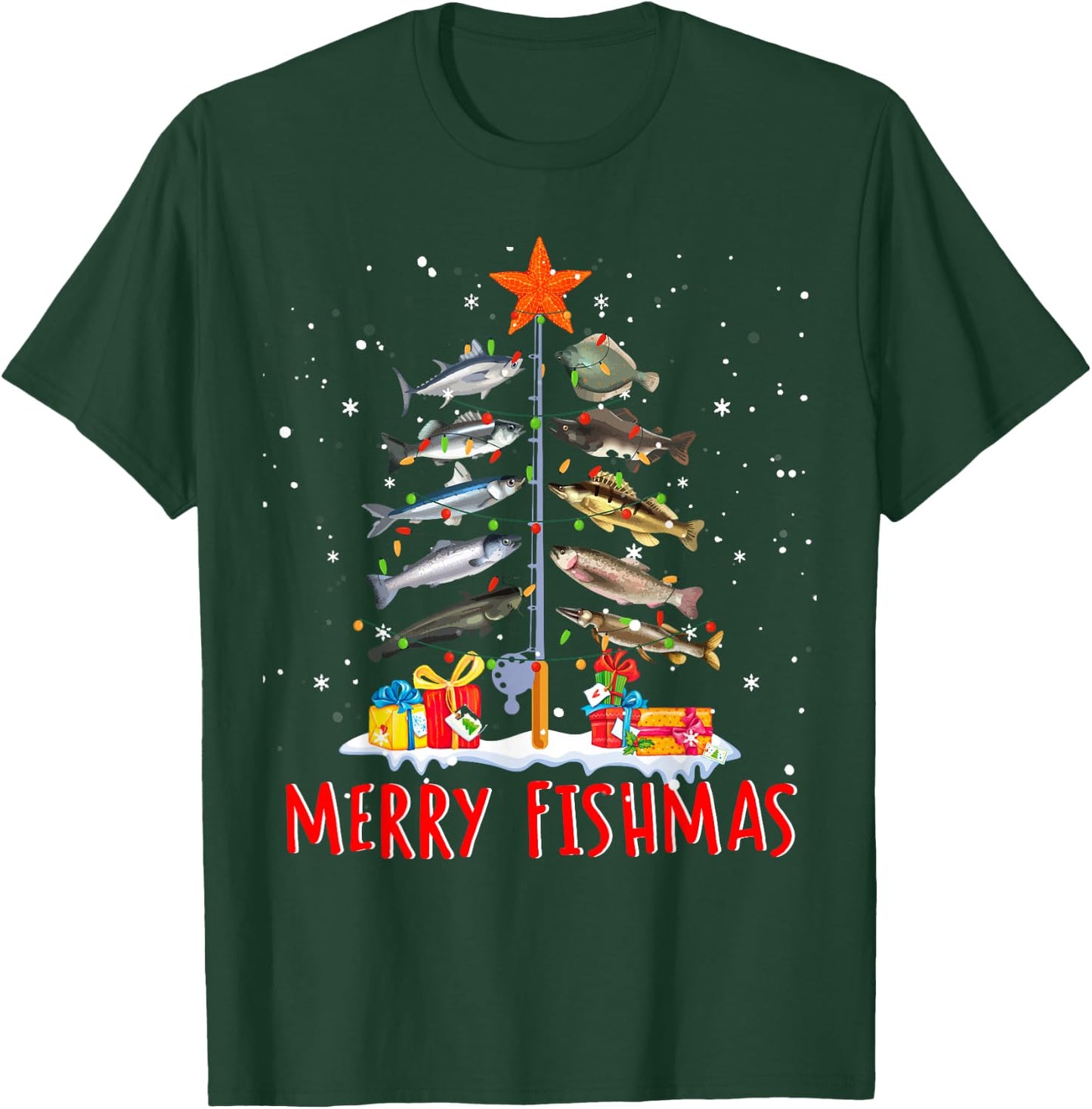 Funny Merry Fishmas - Christmas Tree Lights T-Shirt - T-Shirt | Forest