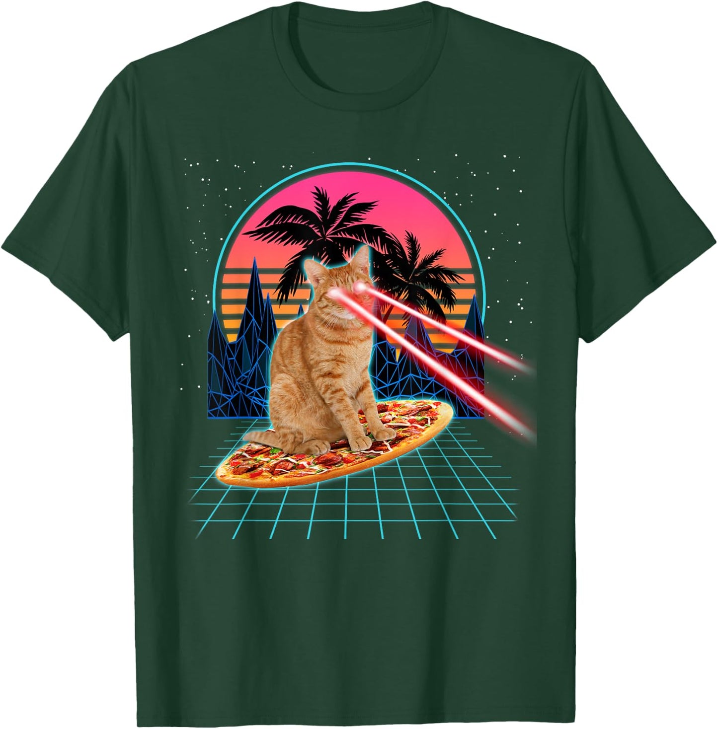 Cat Riding Pizza Laser Eyes 80s Cat In Space Cats Lovers Men Women Kids T-Shirt - T-Shirt | Forest