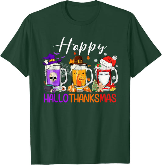 Happy Hallothanksmas Beer Halloween Thanksgiving Christmas T-Shirt - T-Shirt | Forest