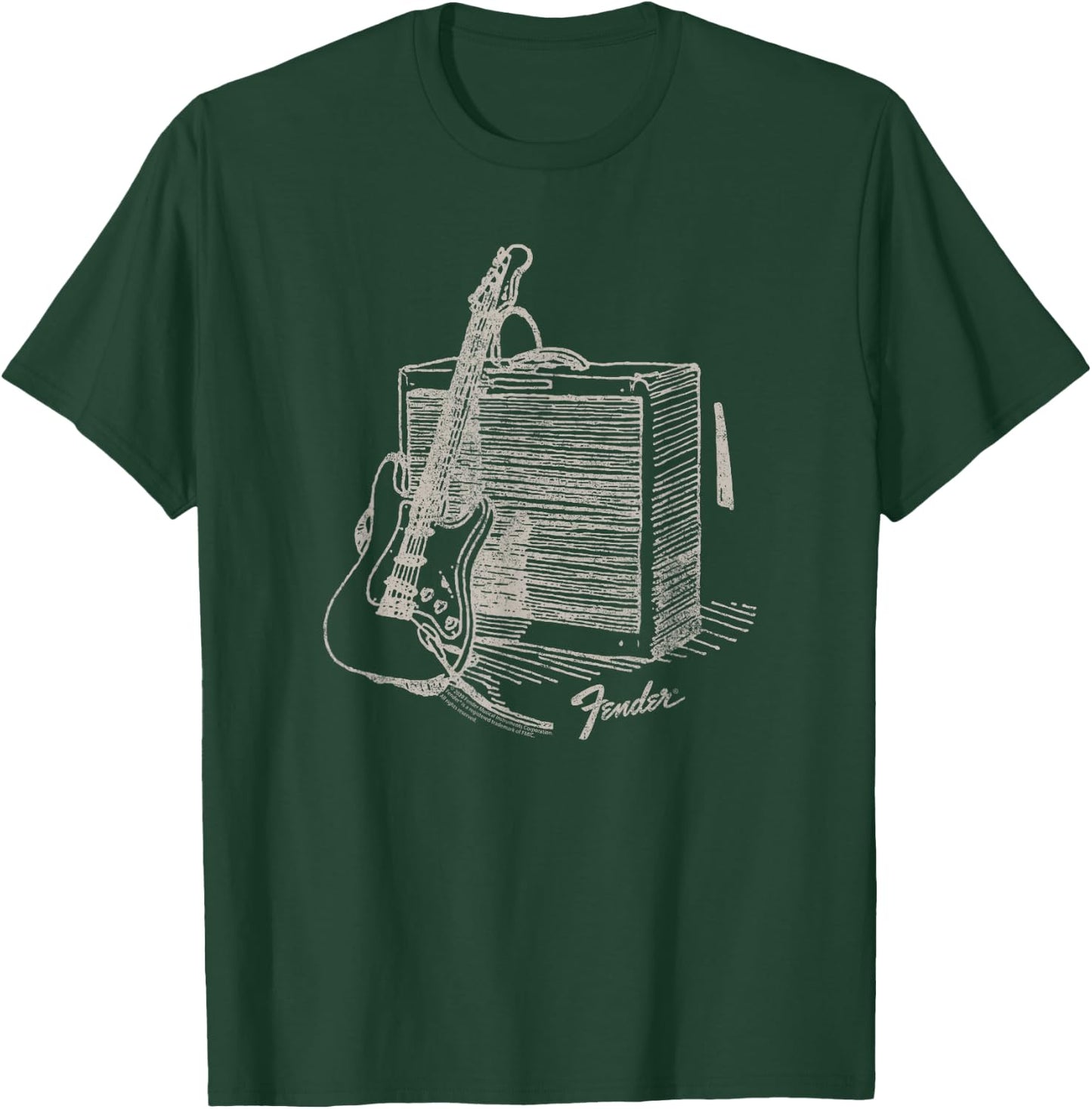 Fender Guitar Resting On Amplifier Retro Outline Image T-Shirt - T-Shirt | Forest