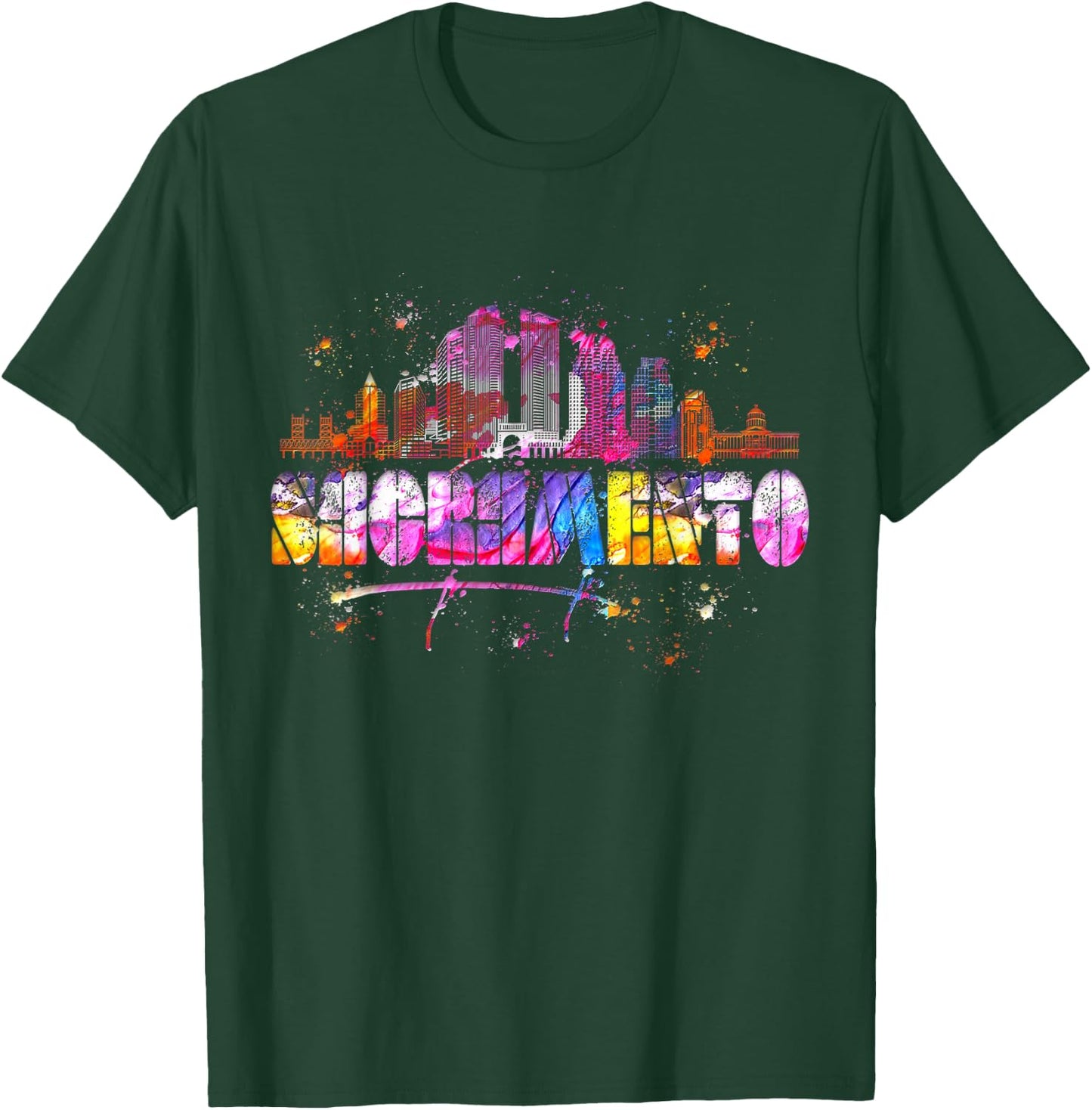 Watercolor Sacramento Skyline - Sacramento Lettering T-Shirt - T-Shirt | Forest