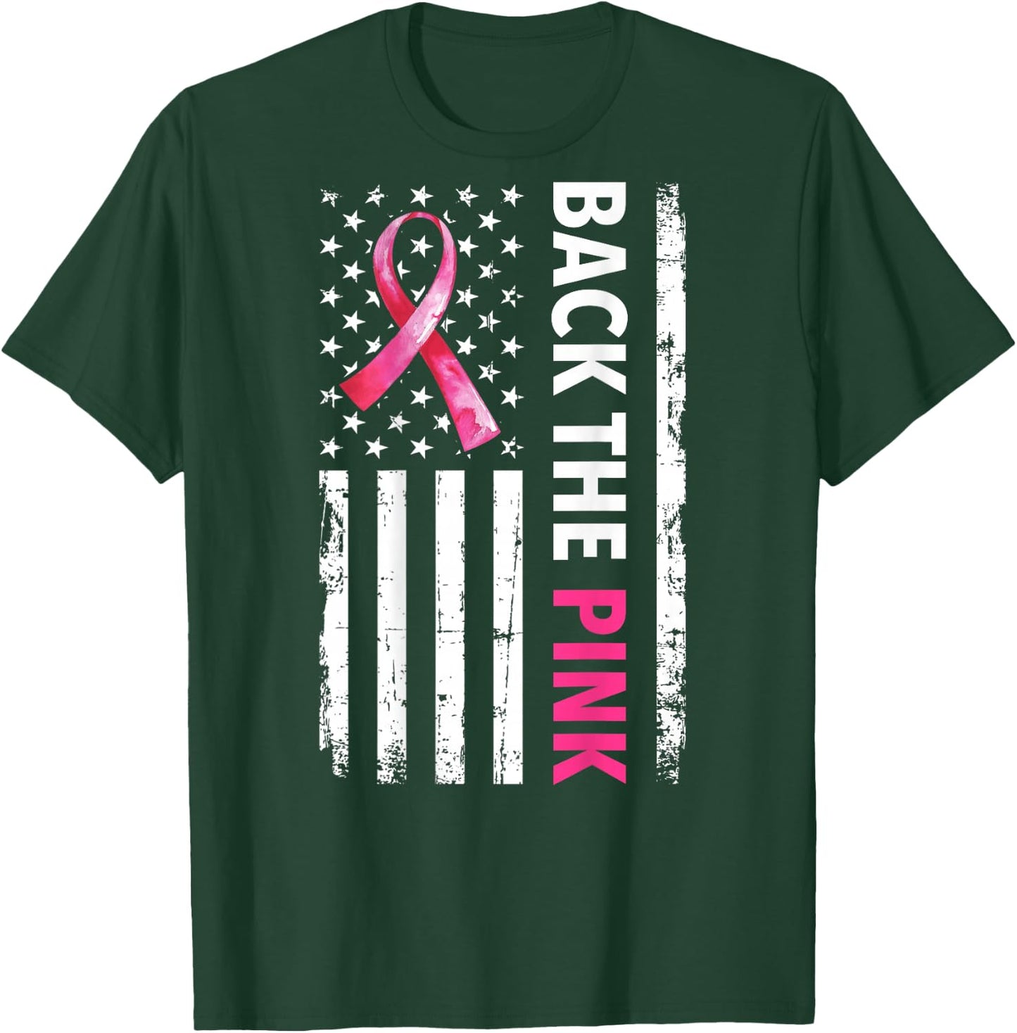 Back The Pink Ribbon USA American Flag Breast Cancer Support T-Shirt - T-Shirt | Forest