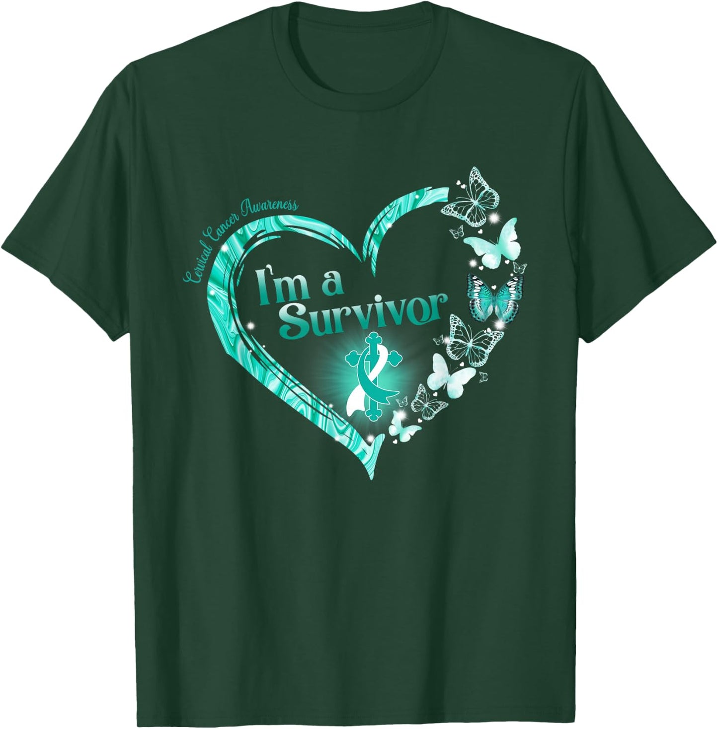 Teal Ribbon Butterfly Cervical Cancer I'm A Survivor T-Shirt - T-Shirt | Forest