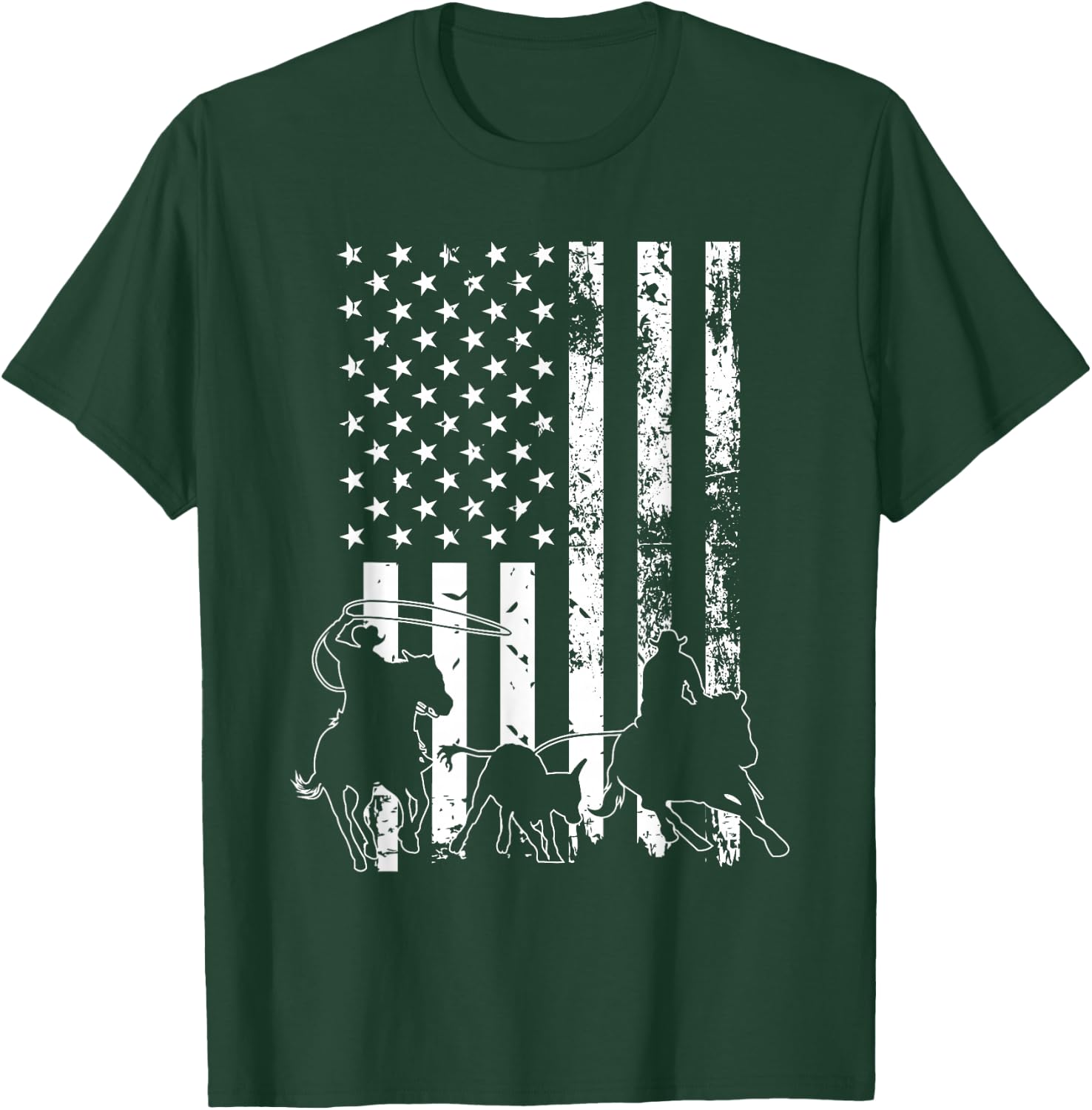 Team Roping - USA Flag Equestrian Horse Riding Header Heeler T-Shirt - T-Shirt | Forest