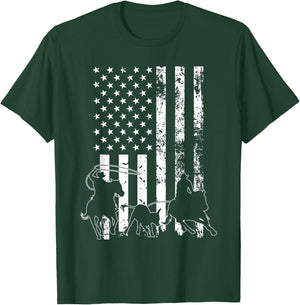 Team Roping - USA Flag Equestrian Horse Riding Header Heeler T-Shirt - T-Shirt | Forest