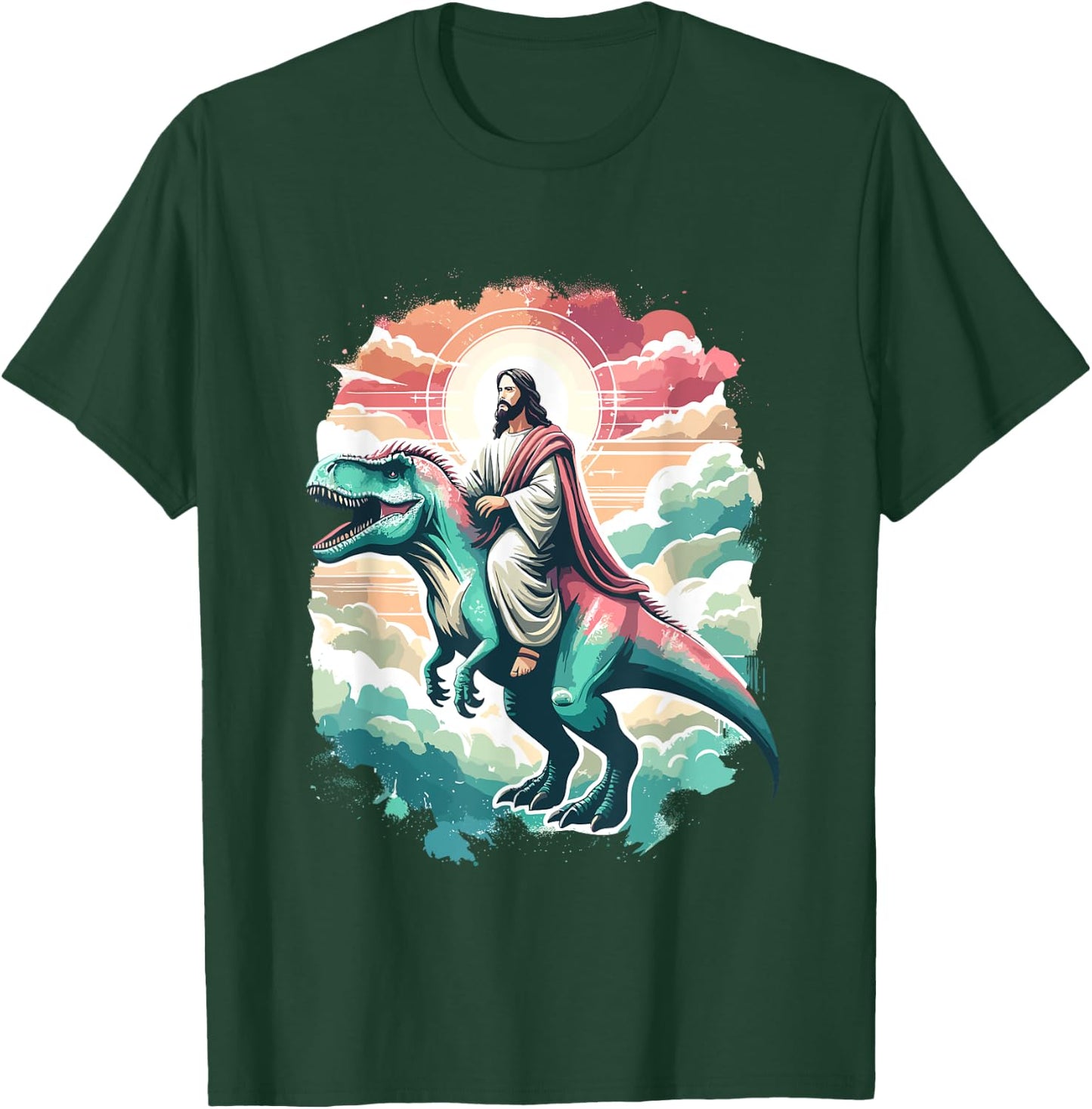 Funny Jesus Riding T-Rex Dinosaur Meme Parody for Believers T-Shirt - T-Shirt | Forest