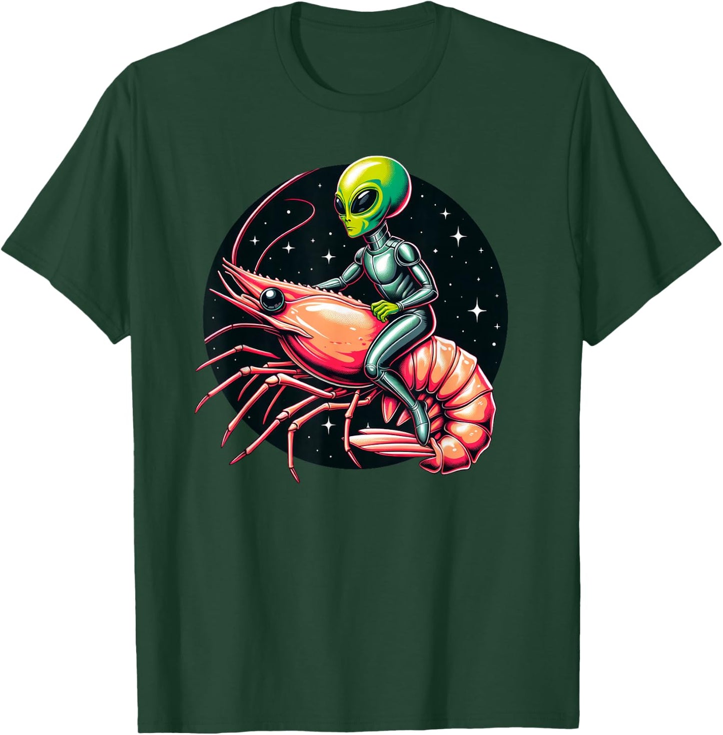 Funny Alien Riding Shrimp Humorous UFO T-Shirt - T-Shirt | Forest