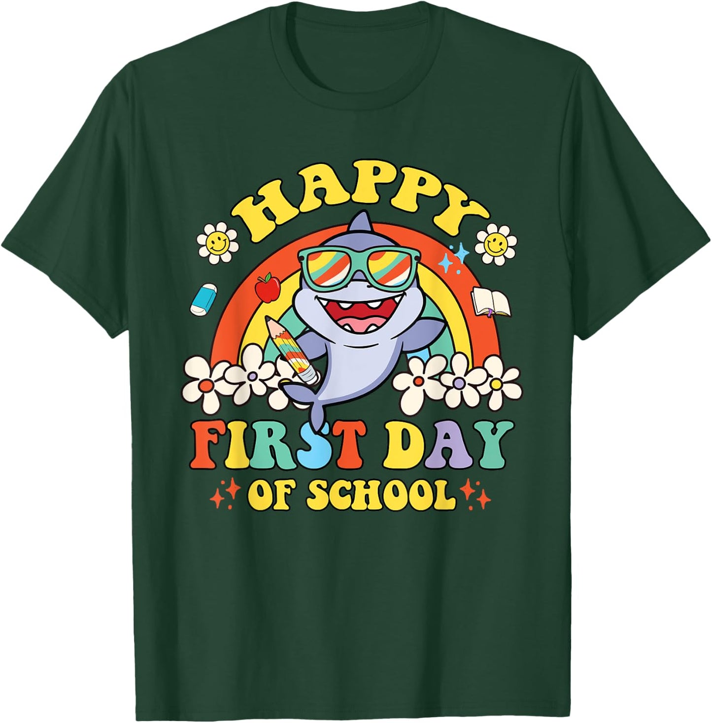 Groovy Happy First Day Of School Cute Shark Rainbow T-Shirt - T-Shirt | Forest