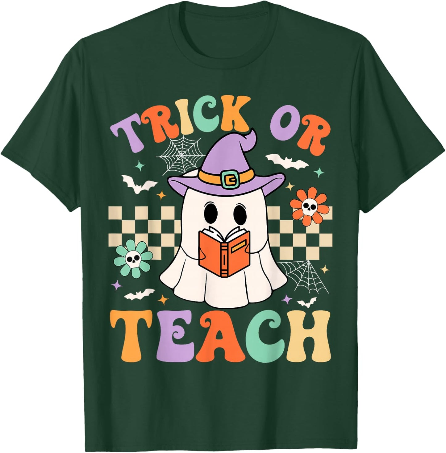 Trick Or Teach Groovy Teacher Halloween Retro Floral Ghost T-Shirt - T-Shirt | Forest