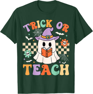 Trick Or Teach Groovy Teacher Halloween Retro Floral Ghost T-Shirt - T-Shirt | Forest