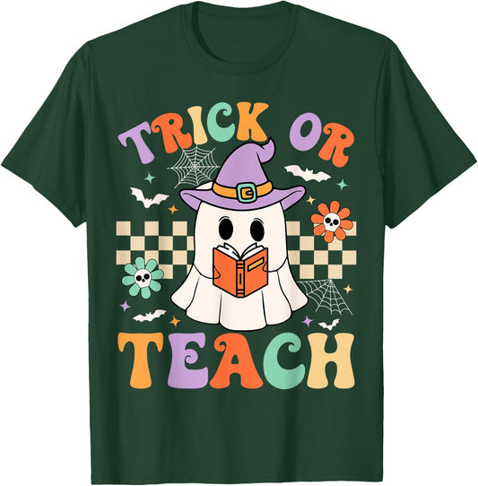 Trick Or Teach Groovy Teacher Halloween Retro Floral Ghost T-Shirt - T-Shirt | Forest