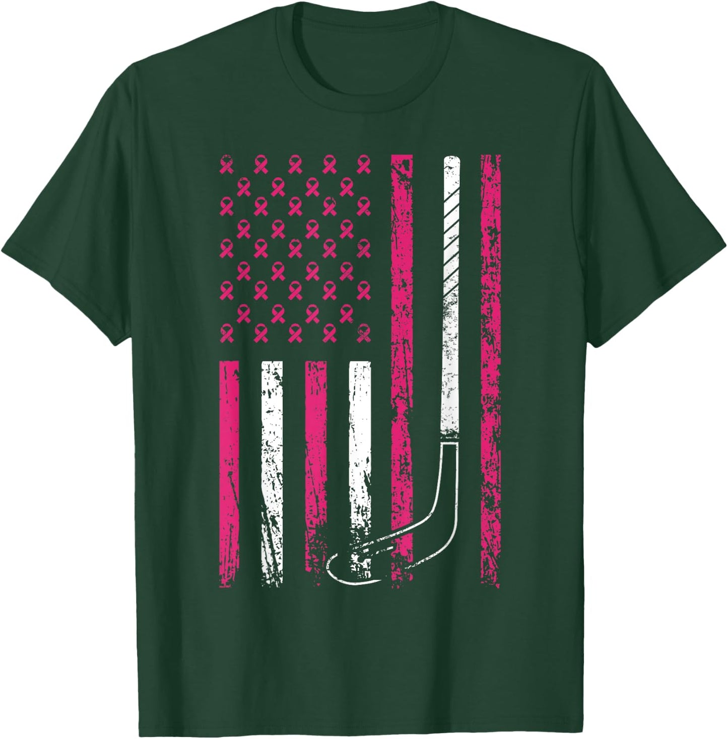 American Sports Flag Breast Cancer Awareness Ice Hockey T-Shirt - T-Shirt | Forest