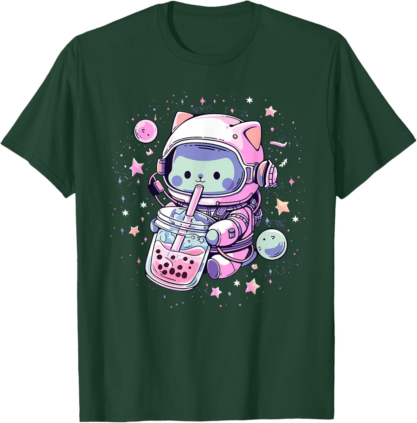 Kawaii Cat Bubble Boba Tea in Space Astronaut Anime Girls T-Shirt - T-Shirt | Forest