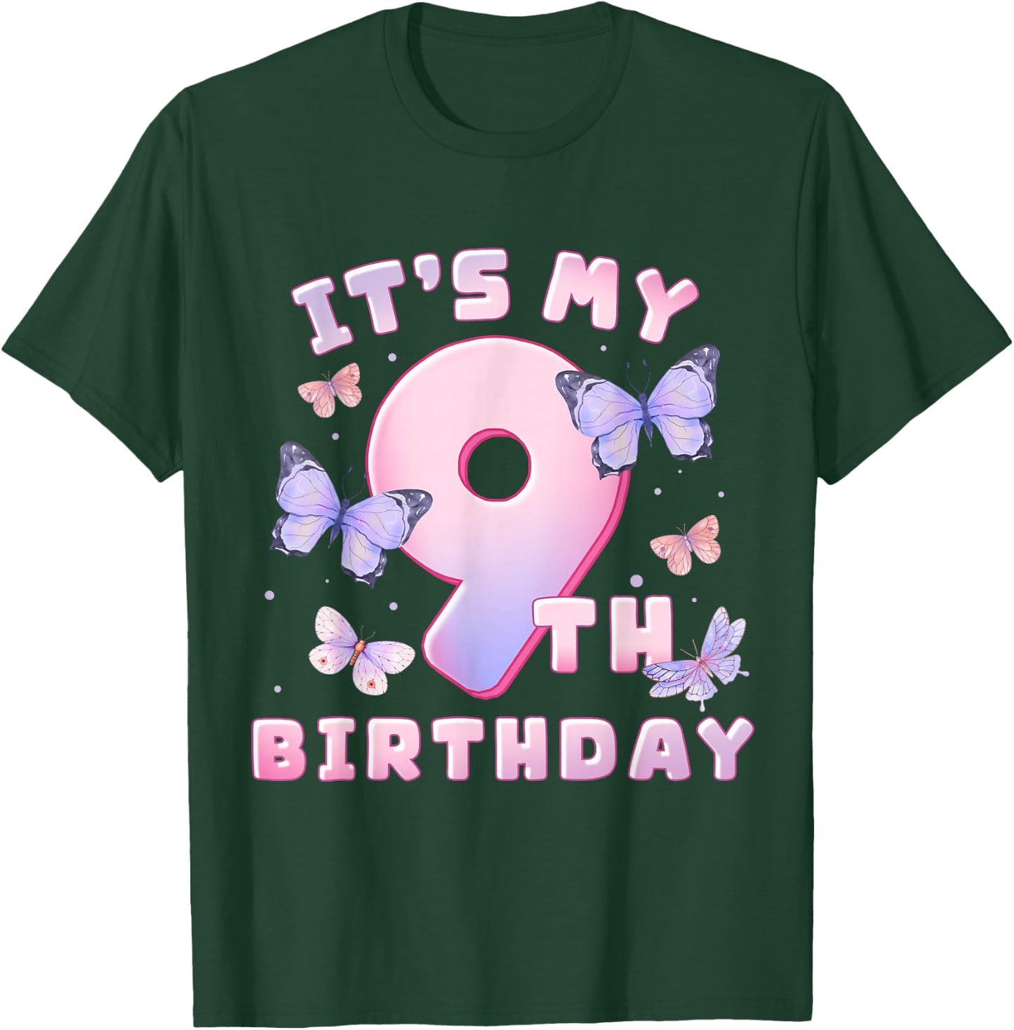 9th Birthday Girl Butterflies and Number 9 Cute Kids T-Shirt - T-Shirt | Forest