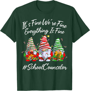 School Counselor Funny Everything Is Fine Christmas Gnomie T-Shirt - T-Shirt | Forest
