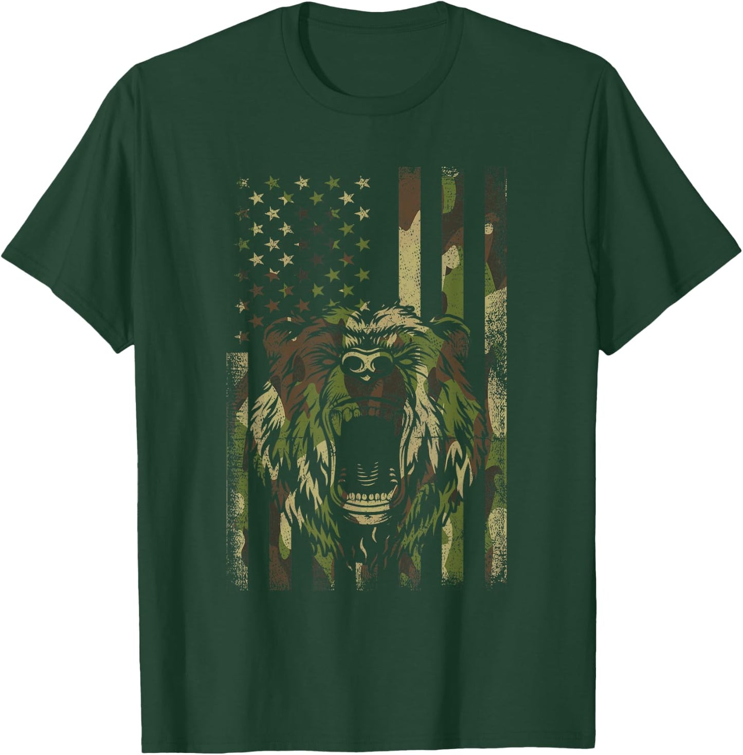 Funny Camo Hunting Lover American Flag Graphic Bear Hunters Women Men T-Shirt - T-Shirt | Forest
