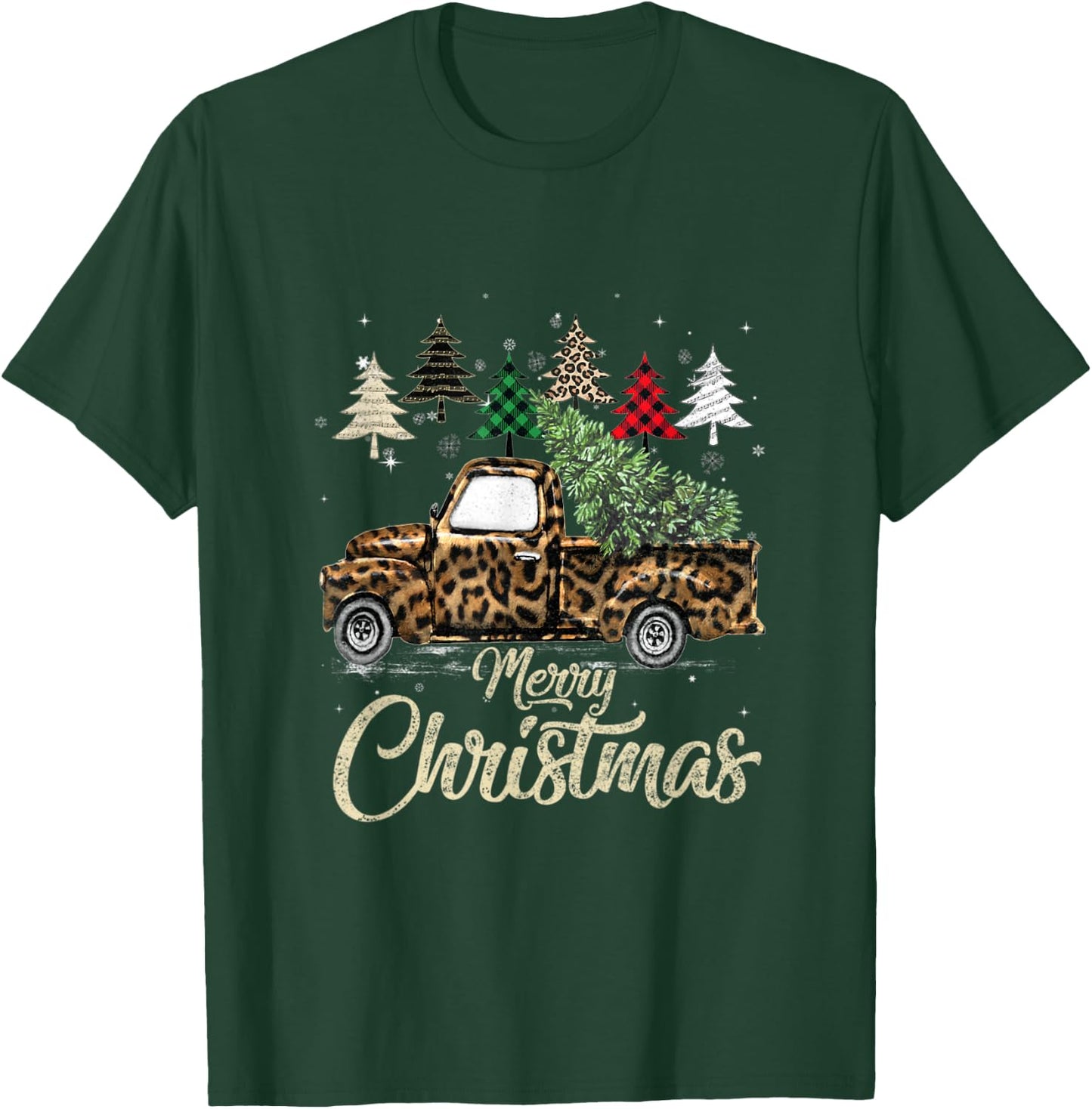 Green Buffalo Plaid Christmas Tree Leopard Covered Red Truck T-Shirt - T-Shirt | Forest