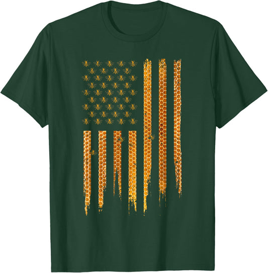 Beekeeping American Flag Honeycomb Honey Bees Beekeeper T-Shirt - T-Shirt | Forest