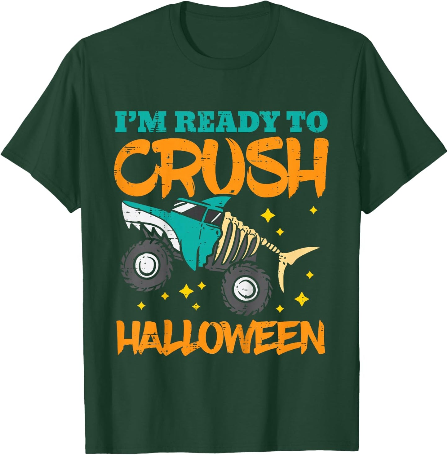 Kids Shark Skeleton Monster Truck Crush Halloween Toddler Boys T-Shirt - T-Shirt | Forest
