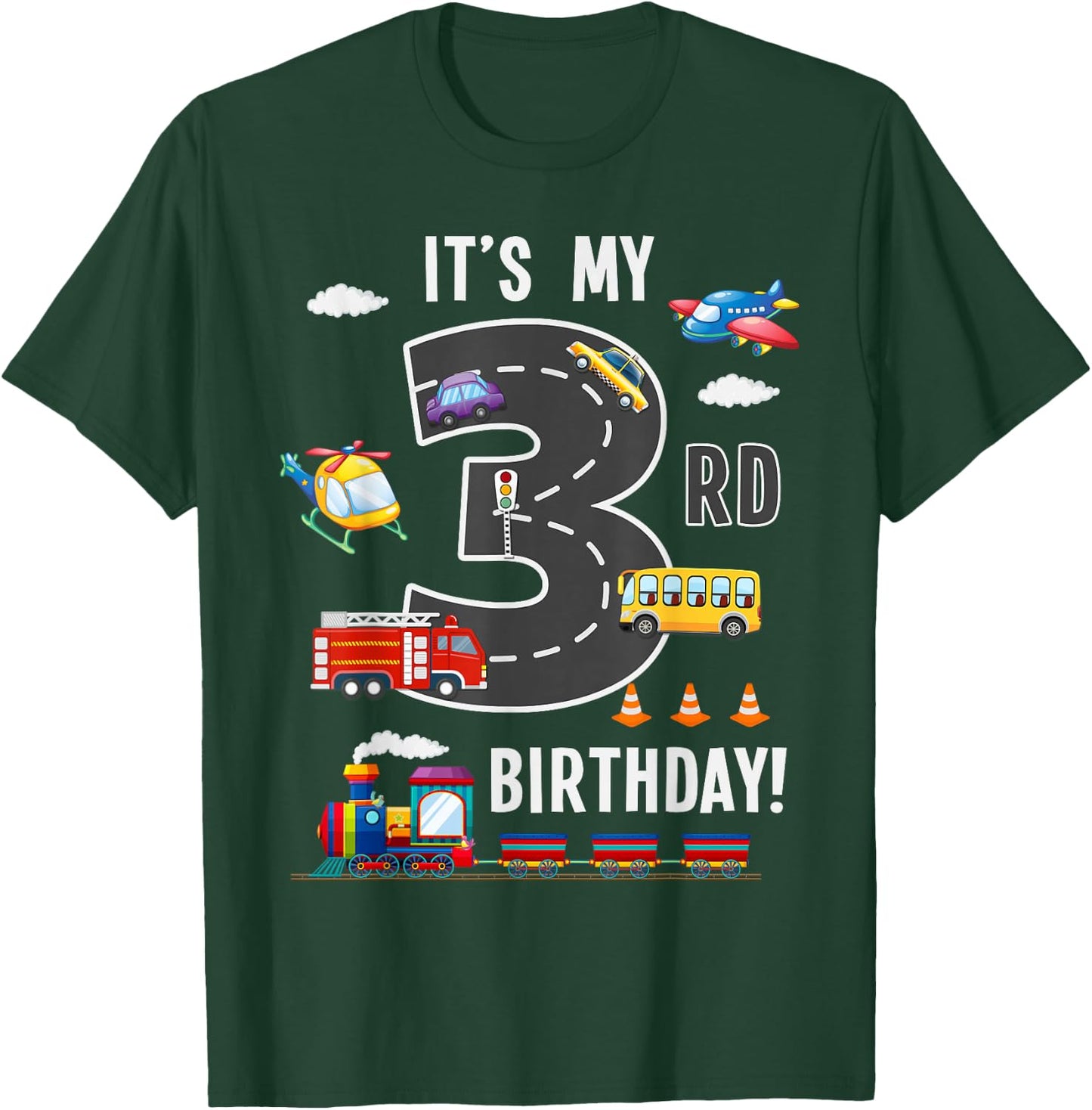 Its My 3rd Birthday Boy 3 Bday Train Car Fire Truck Airplane T-Shirt - T-Shirt | Forest