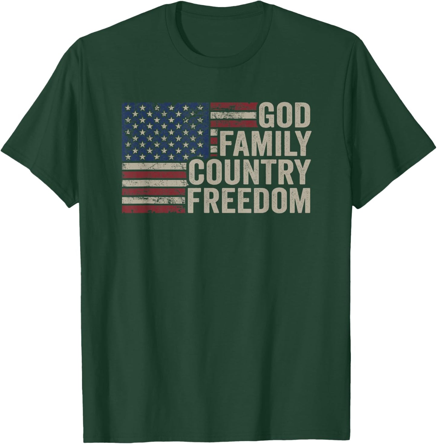 God Family Country Freedom - 4th July USA Flag Christian T-Shirt - T-Shirt | Forest