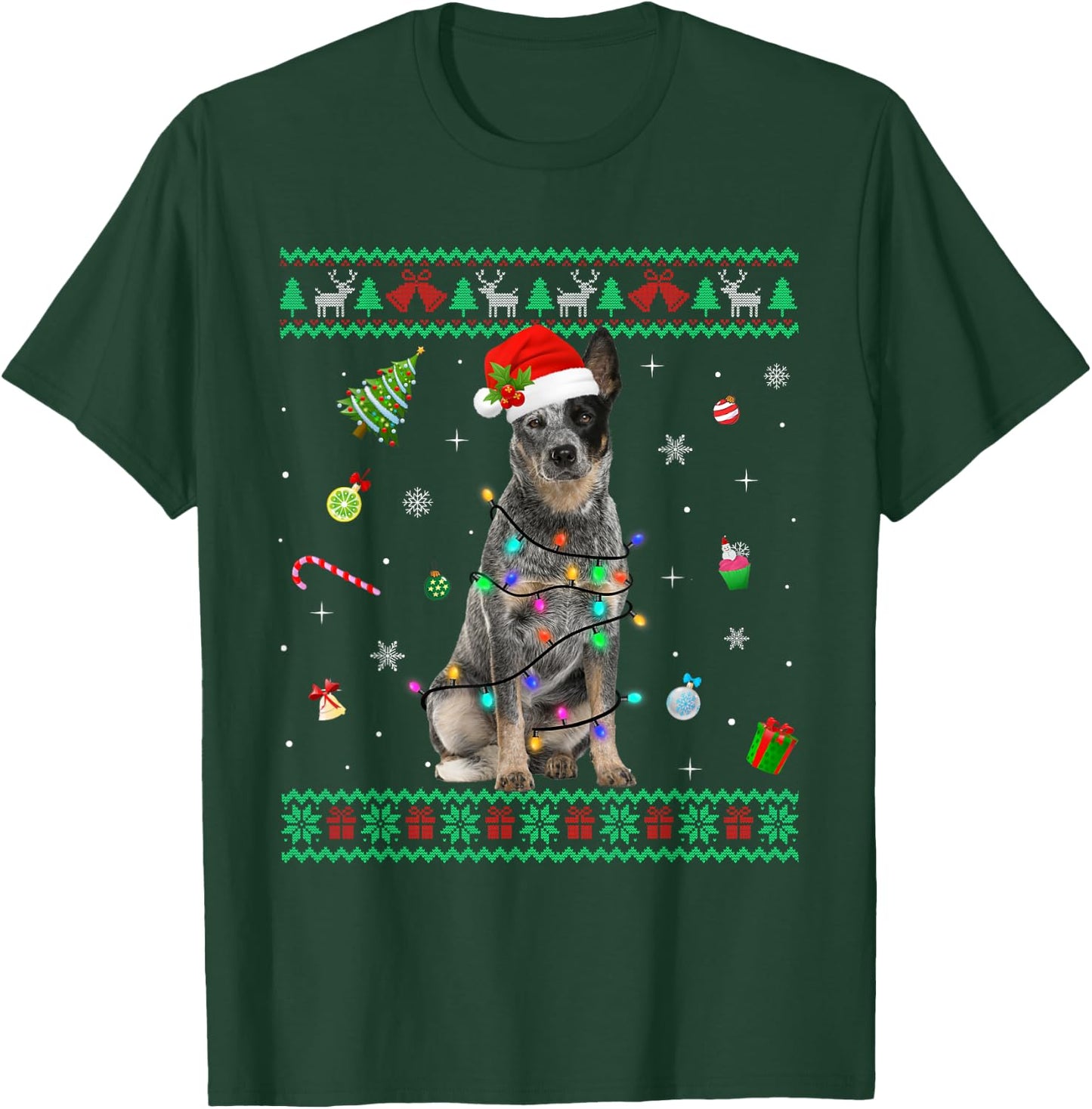 Ugly Sweater Australian Cattle Dog Christmas Light Santa Hat T-Shirt - T-Shirt | Forest