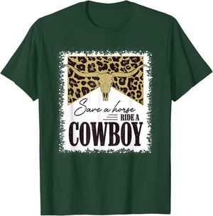 Save A Horse Ride A Cowboy Bull Skull Leopard Bleached T-Shirt - T-Shirt | Forest