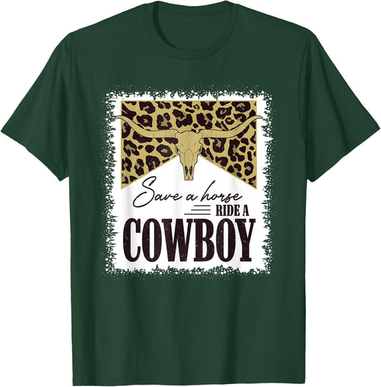 Save A Horse Ride A Cowboy Bull Skull Leopard Bleached T-Shirt - T-Shirt | Forest