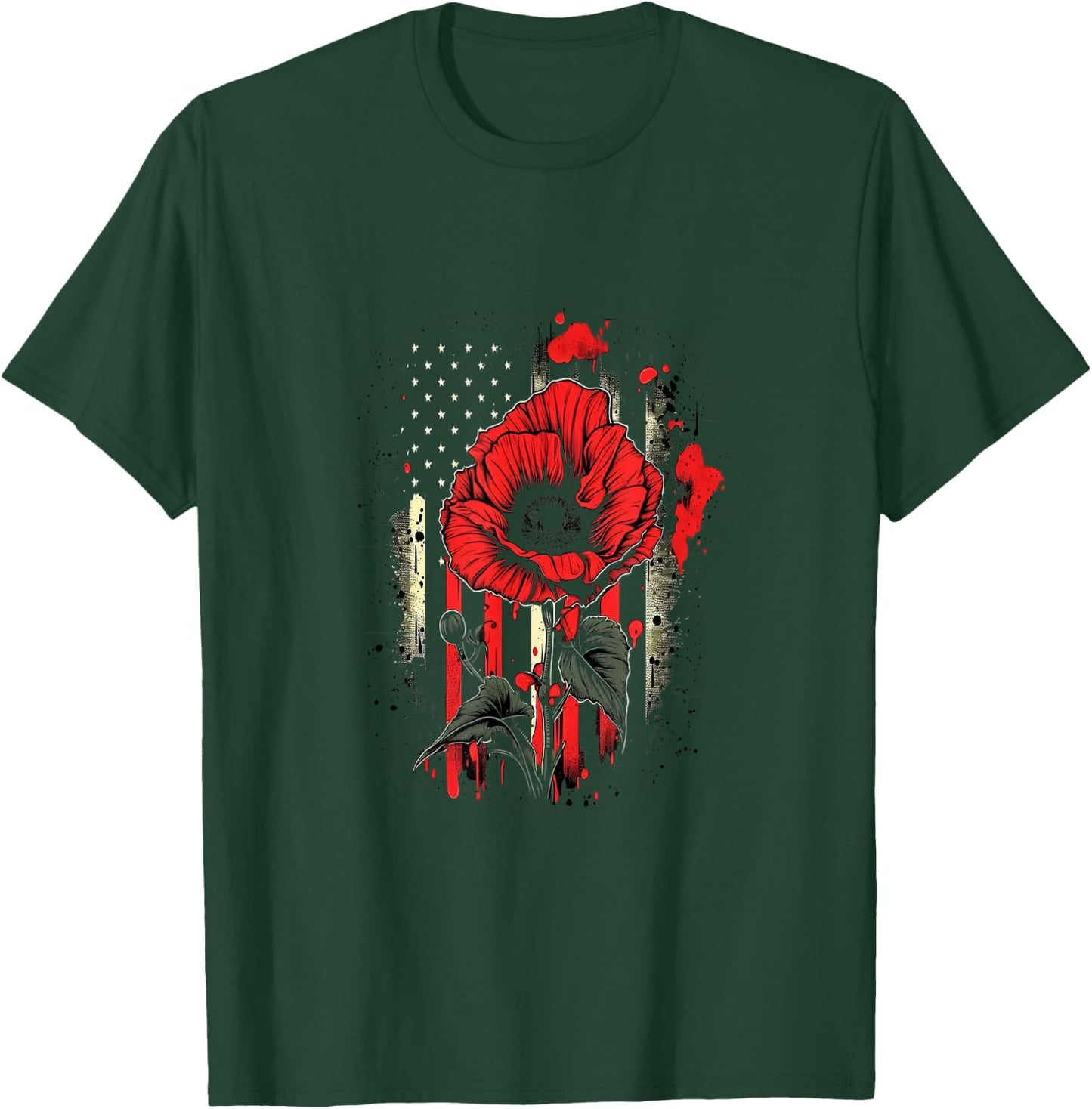 Memorial Day Red Poppy Flower American Flag USA 4th of July T-Shirt - T-Shirt | Forest