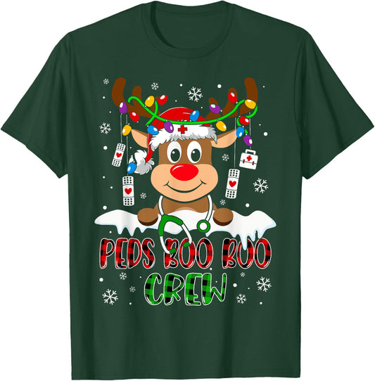 Peds Nurse Boo Crew Reindeer Nurse Buffalo Plaid Christmas T-Shirt - T-Shirt | Forest