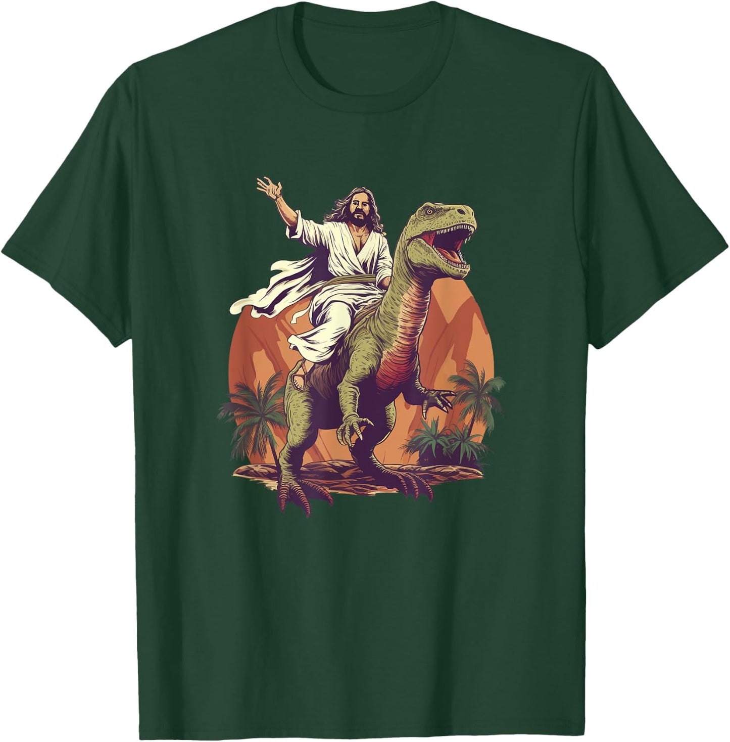 Funny Jesus Riding T-Rex Dinosaur Meme Parody for Believers T-Shirt - T-Shirt | Forest