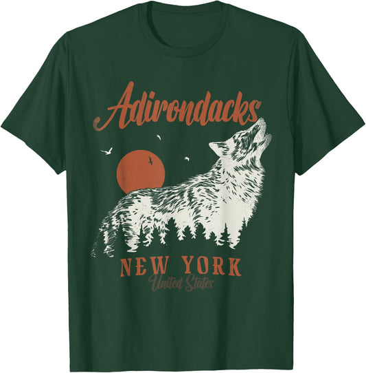 Vintage Adirondacks Mountains New York Forest Wolf T-Shirt - T-Shirt | Forest