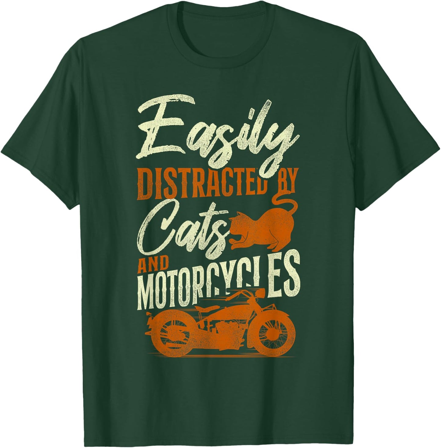 Classic Motorcycle Biker Cat Easily Distracted By Cats And T-Shirt - T-Shirt | Forest