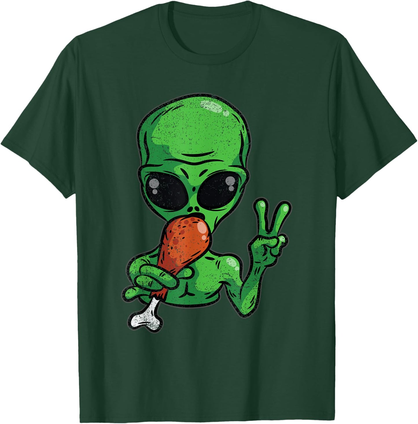 Alien Eating Turkey Thanksgiving Day Funny UFO Fall Autumn T-Shirt - T-Shirt | Forest