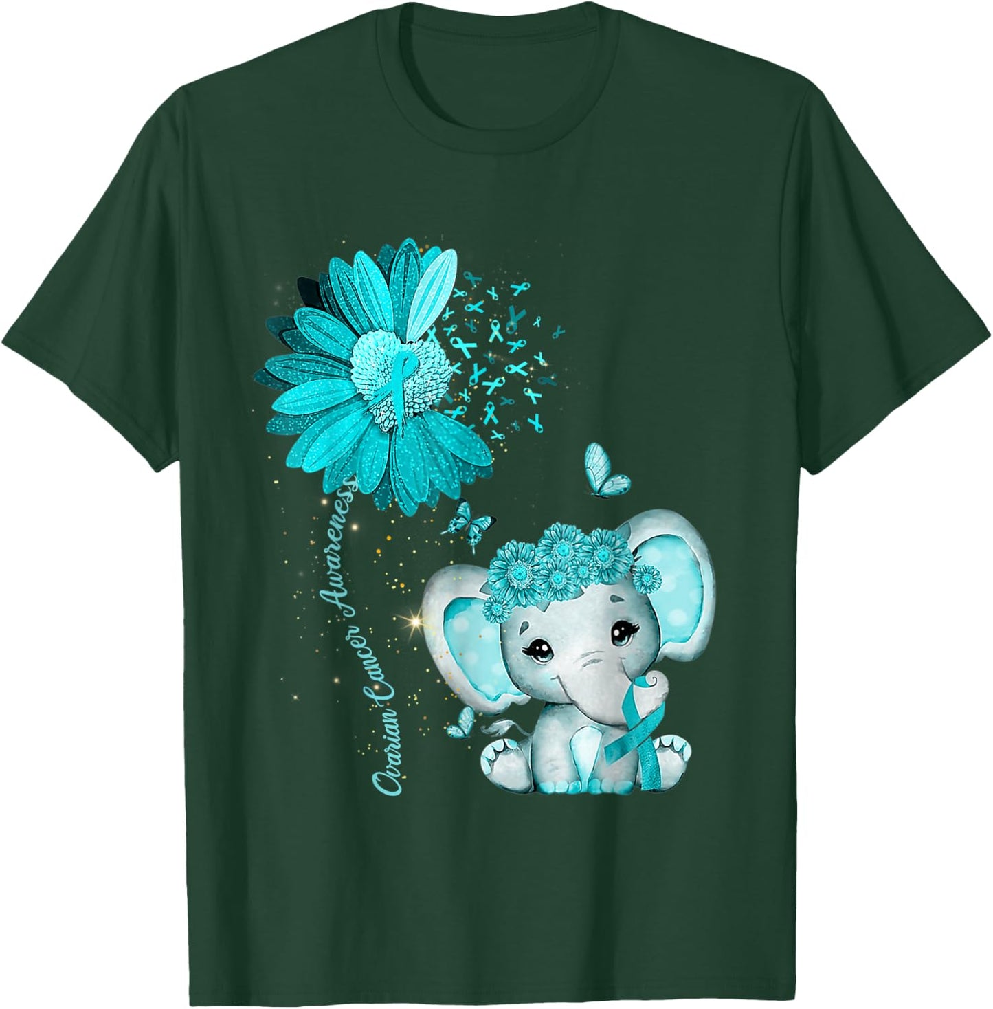 Ovarian Cancer Awareness Sunflower Teal Ribbon Elephant T-Shirt - T-Shirt | Forest