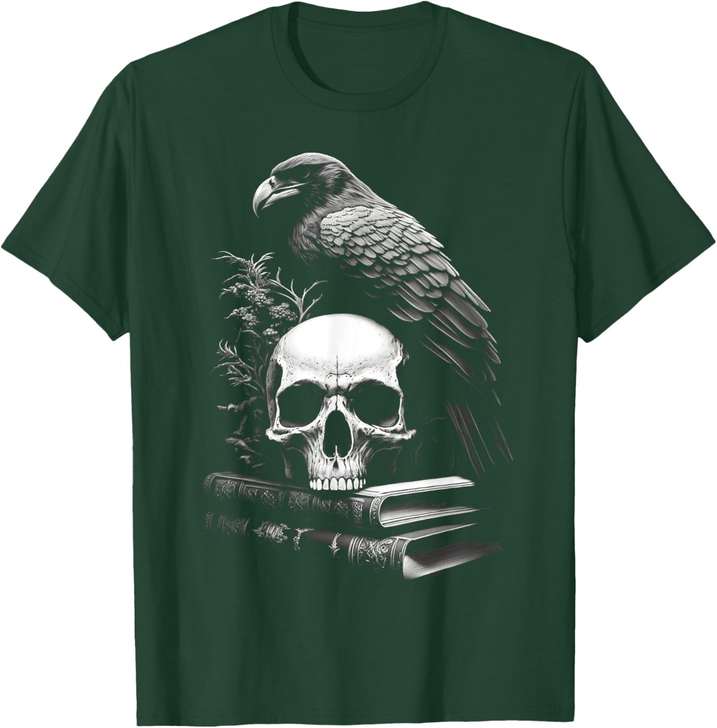 Raven Bird, Skull And Books Witchy Occult Academia Symbolism T-Shirt - T-Shirt | Forest