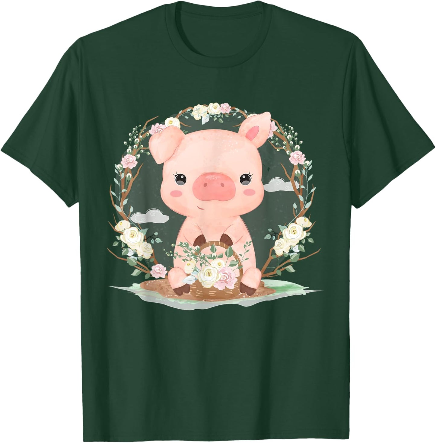 Adorable Little Pig With Flowers T-Shirt - T-Shirt | Forest