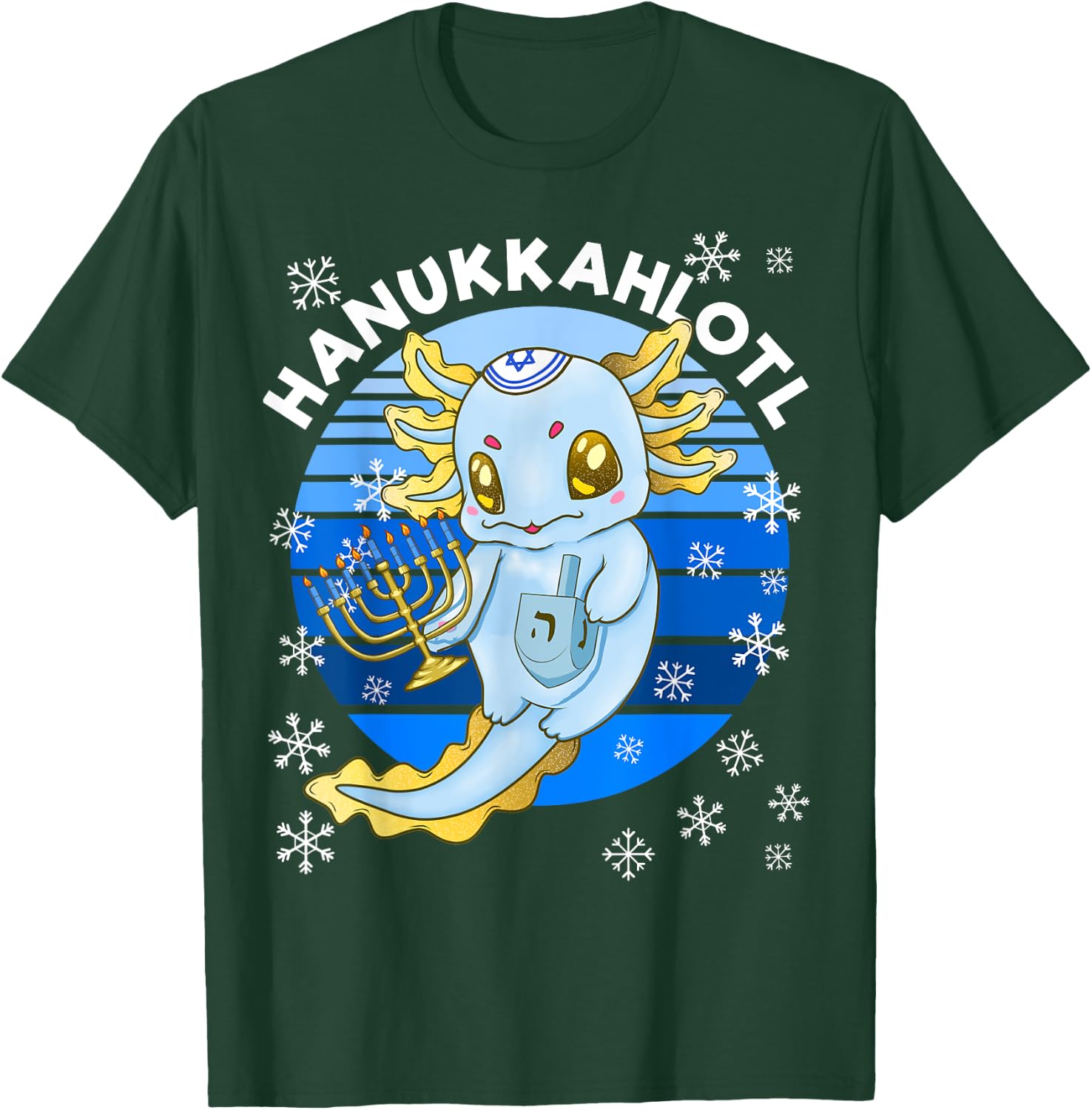 Axolotl Hanukkah With Dreidel Menorah Men Women Kids T-Shirt - T-Shirt | Forest