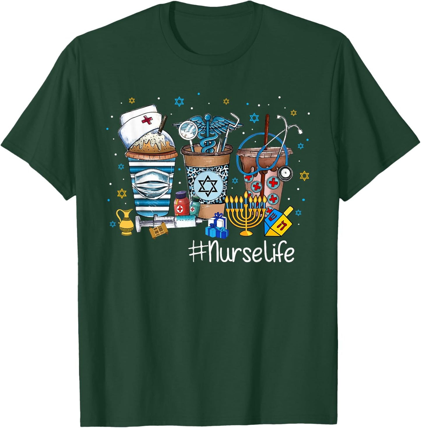 Happy Hanukkah Coffee Latte School Nurse Jewish Chanukah T-Shirt - T-Shirt | Forest