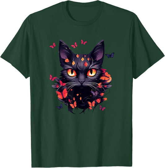 Black Cat with Butterflies Butterfly Cats Animal T-Shirt - T-Shirt | Forest
