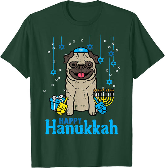Happy Hanukkah Dog Pug Cute Chanukah Jewish Men Women Kids T-Shirt - T-Shirt | Forest