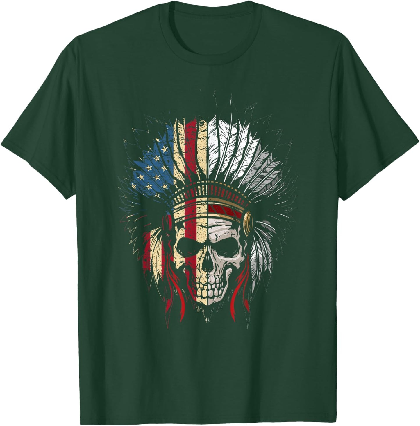 American Native Headdress USA Flag Indian Skull Women Men T-Shirt - T-Shirt | Forest