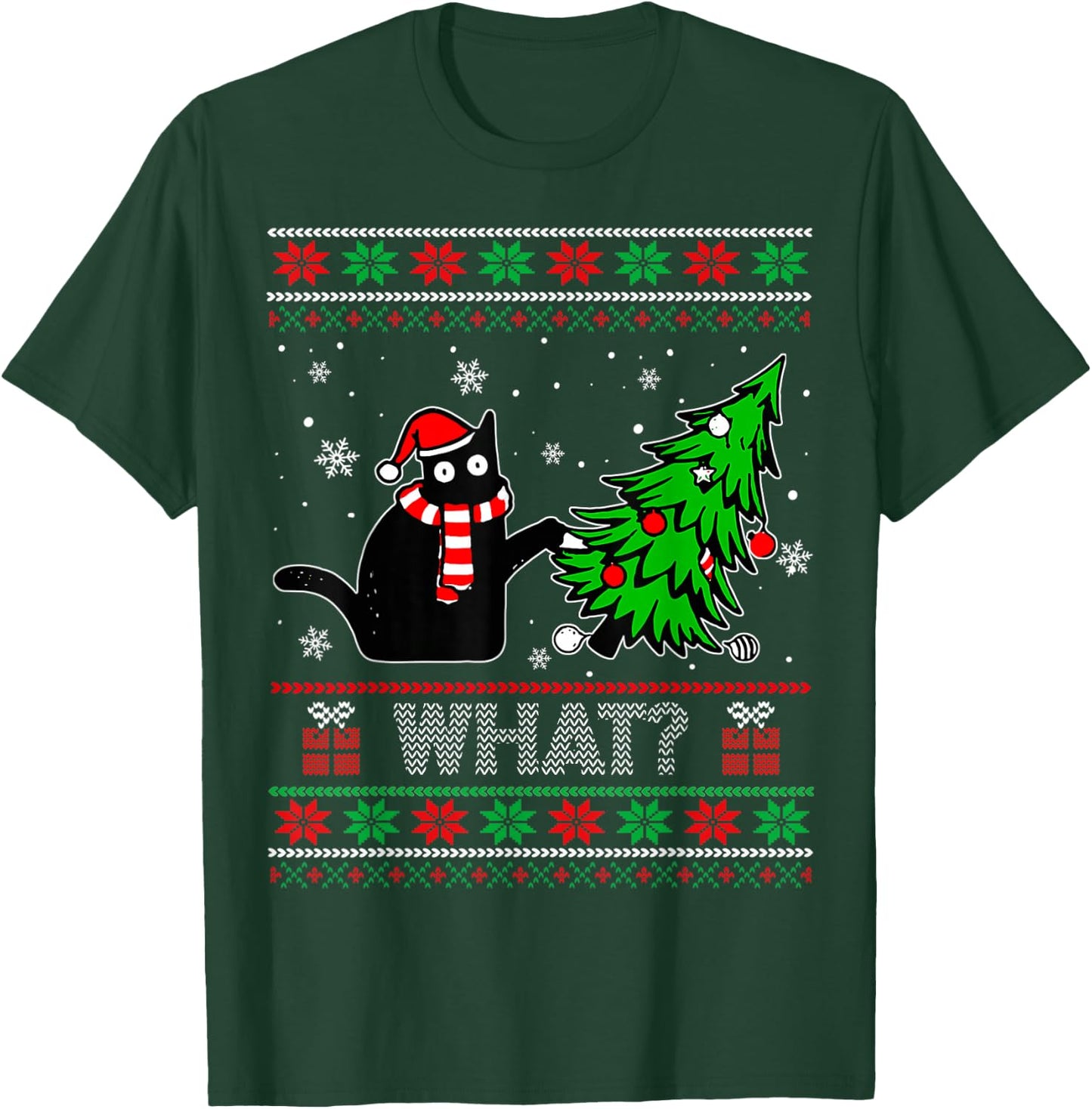 Funny Black Cat What? Pushing Christmas Tree Ugly Sweater T-Shirt - T-Shirt | Forest