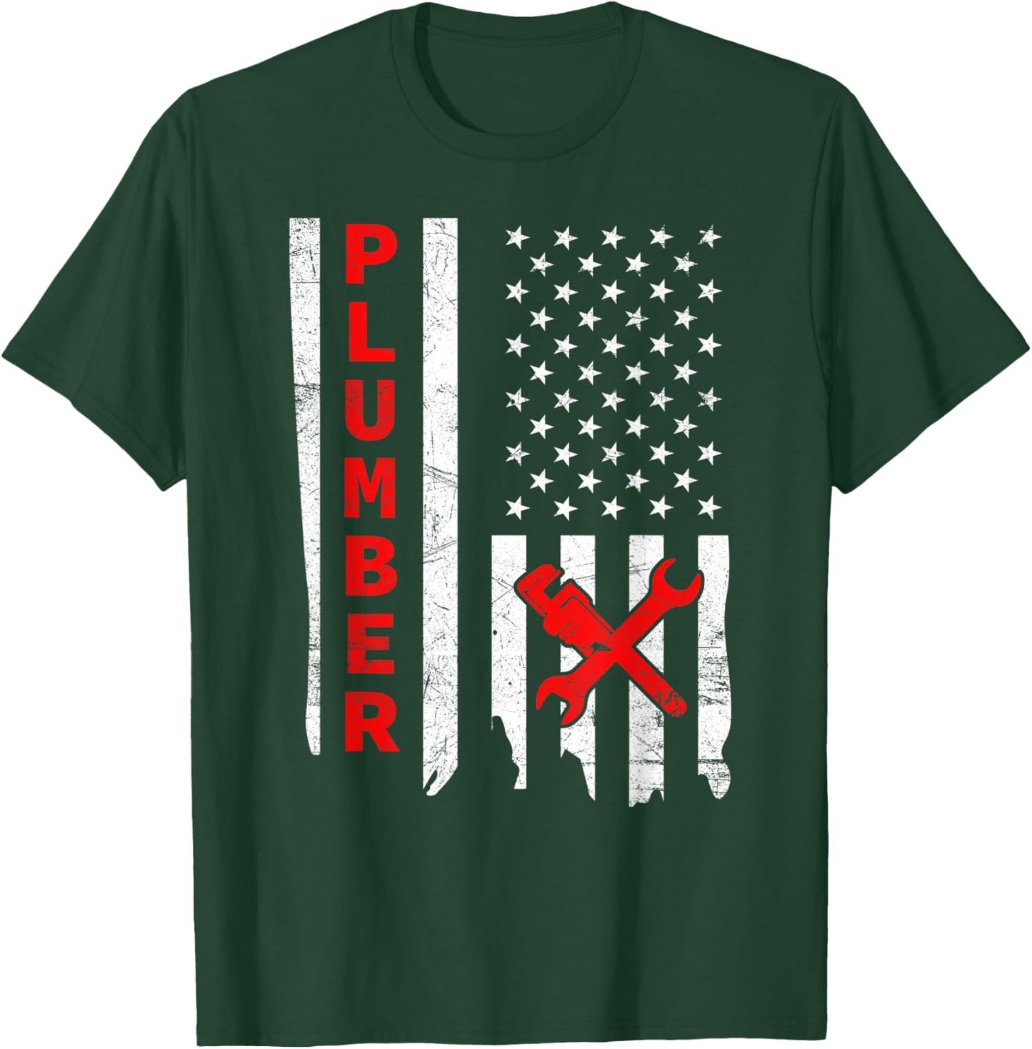 Plumber USA Flag Pipe Wrench Tradesman plumbing Pipefitter T-Shirt - T-Shirt | Forest