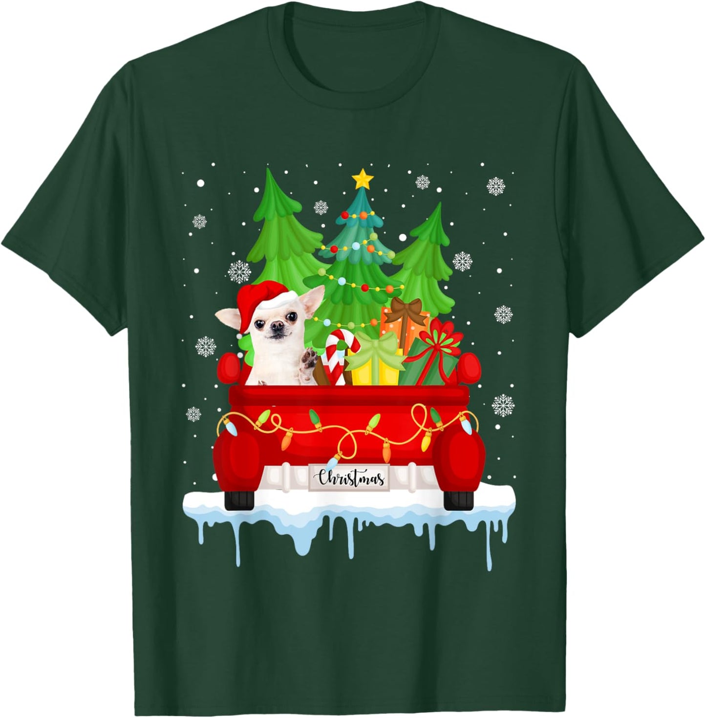 Red Truck Merry Christmas Tree Xmas Chihuahua Dog T-Shirt - T-Shirt | Forest