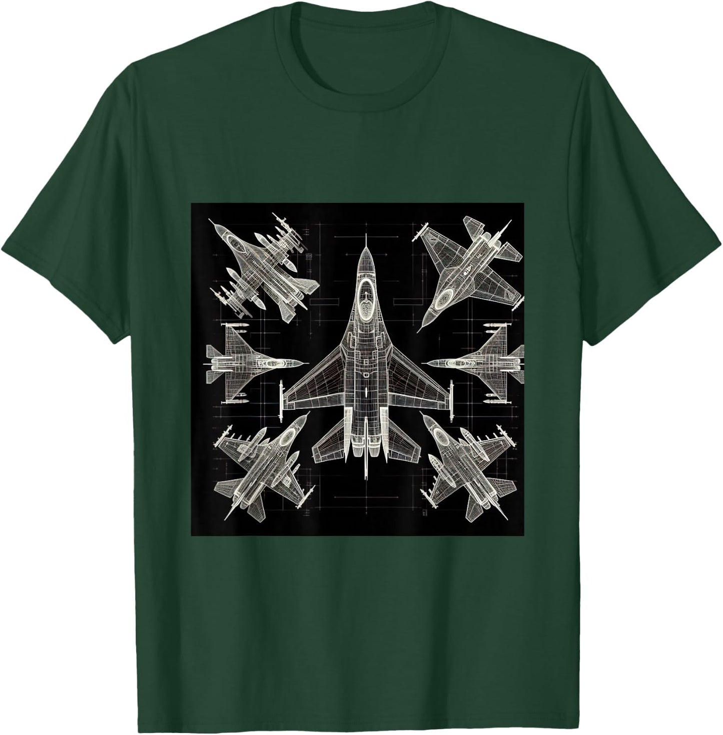 F16 Viper Jet Fighter Wireframe Blueprint T-Shirt - T-Shirt | Forest