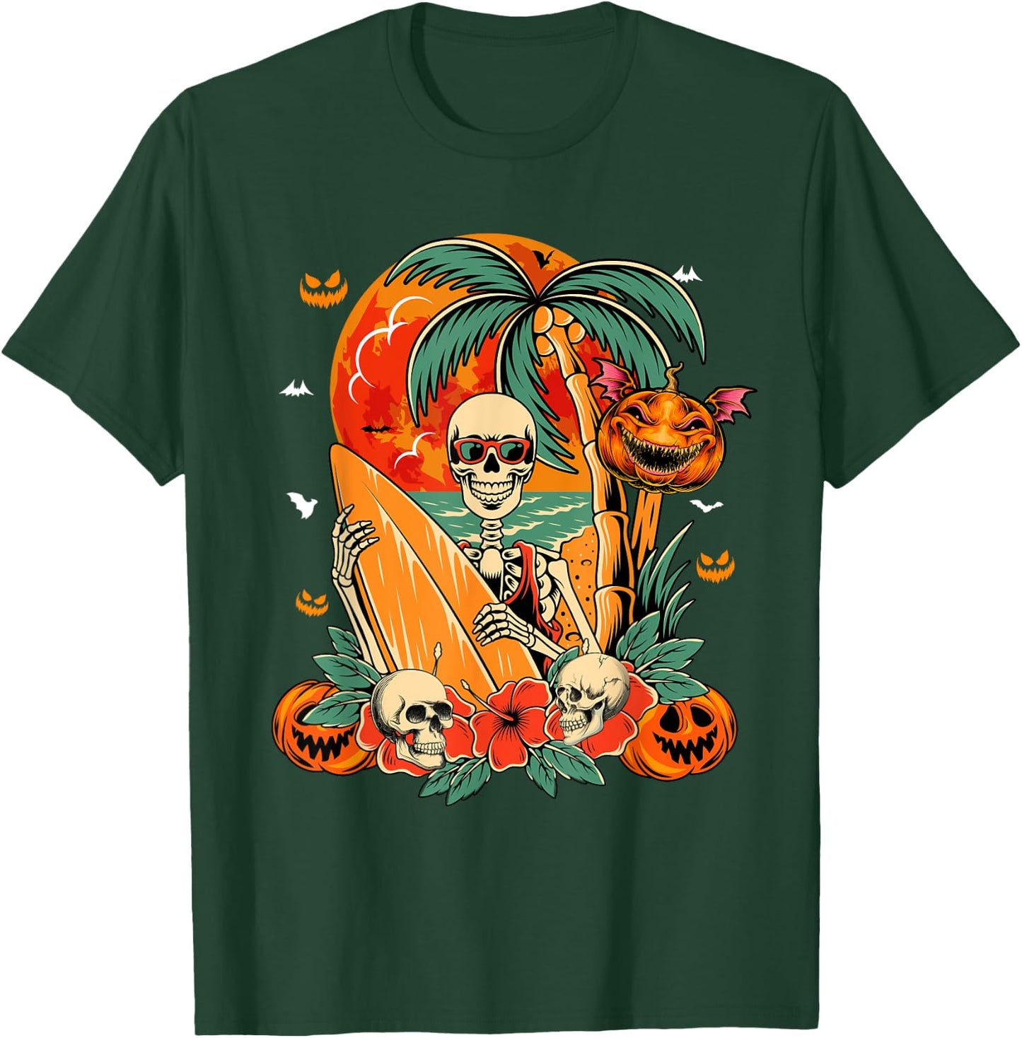 Skeleton Surfer Halloween Hawaiian Floral Carved Pumpkins T-Shirt - T-Shirt | Forest