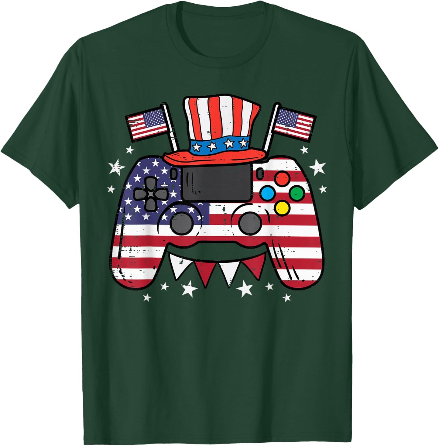 4th of July Video Gamer US Flag Gaming Patriot Boys Kids Men T-Shirt - T-Shirt | Forest