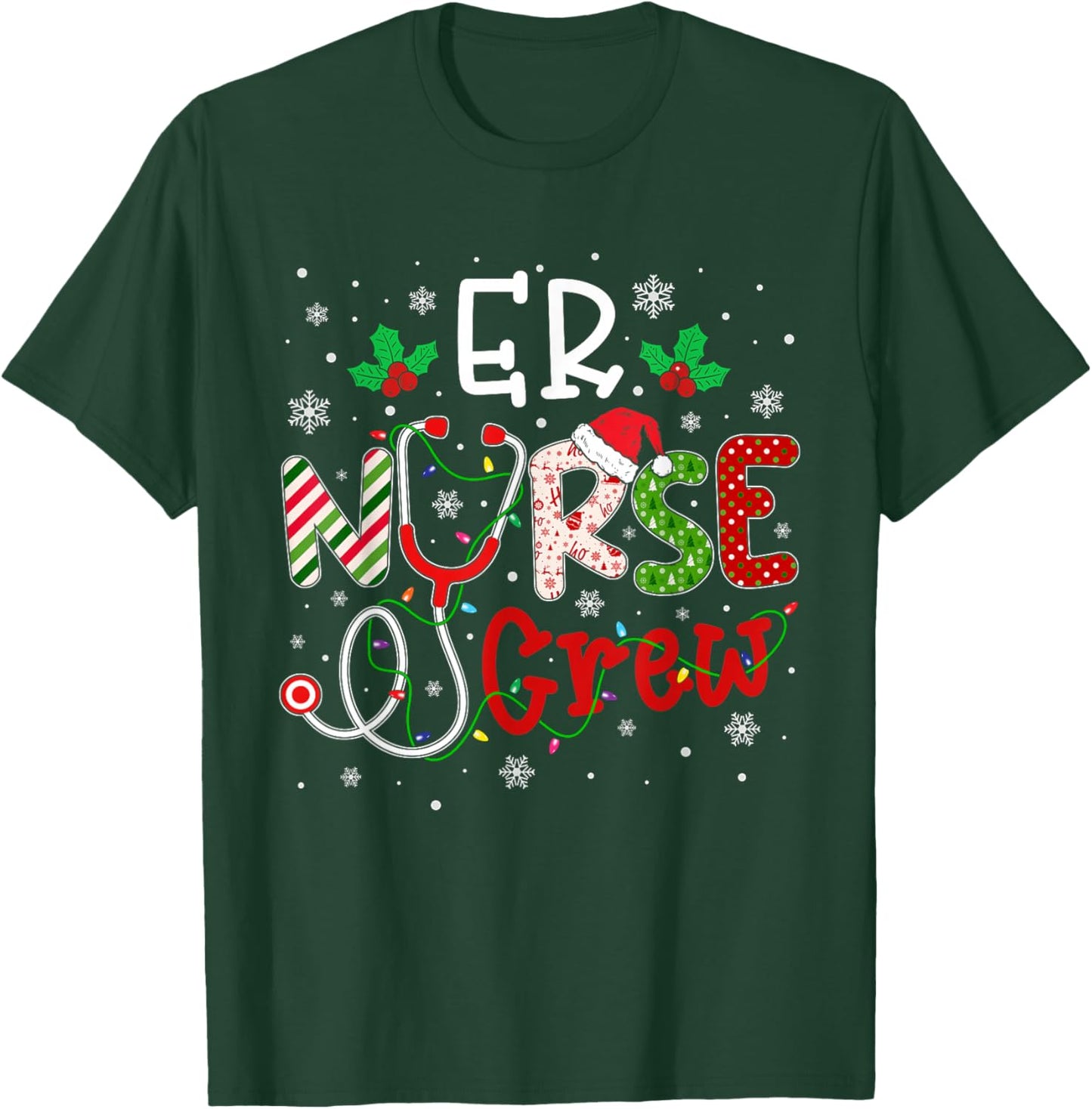 ER Christmas Nurse Crew Funny Nursing Christmas Pattern T-Shirt - T-Shirt | Forest